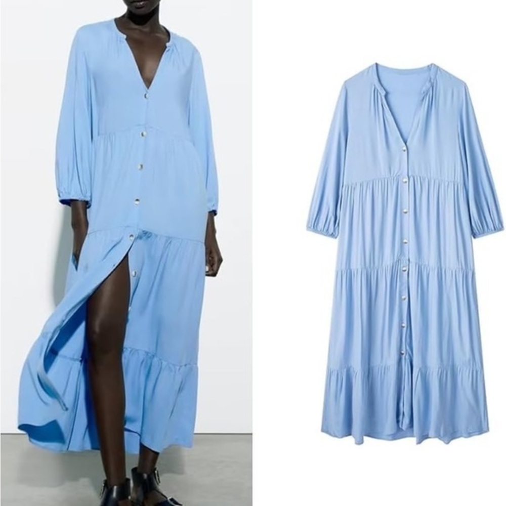 Zara NWT tiered midi dress light blue